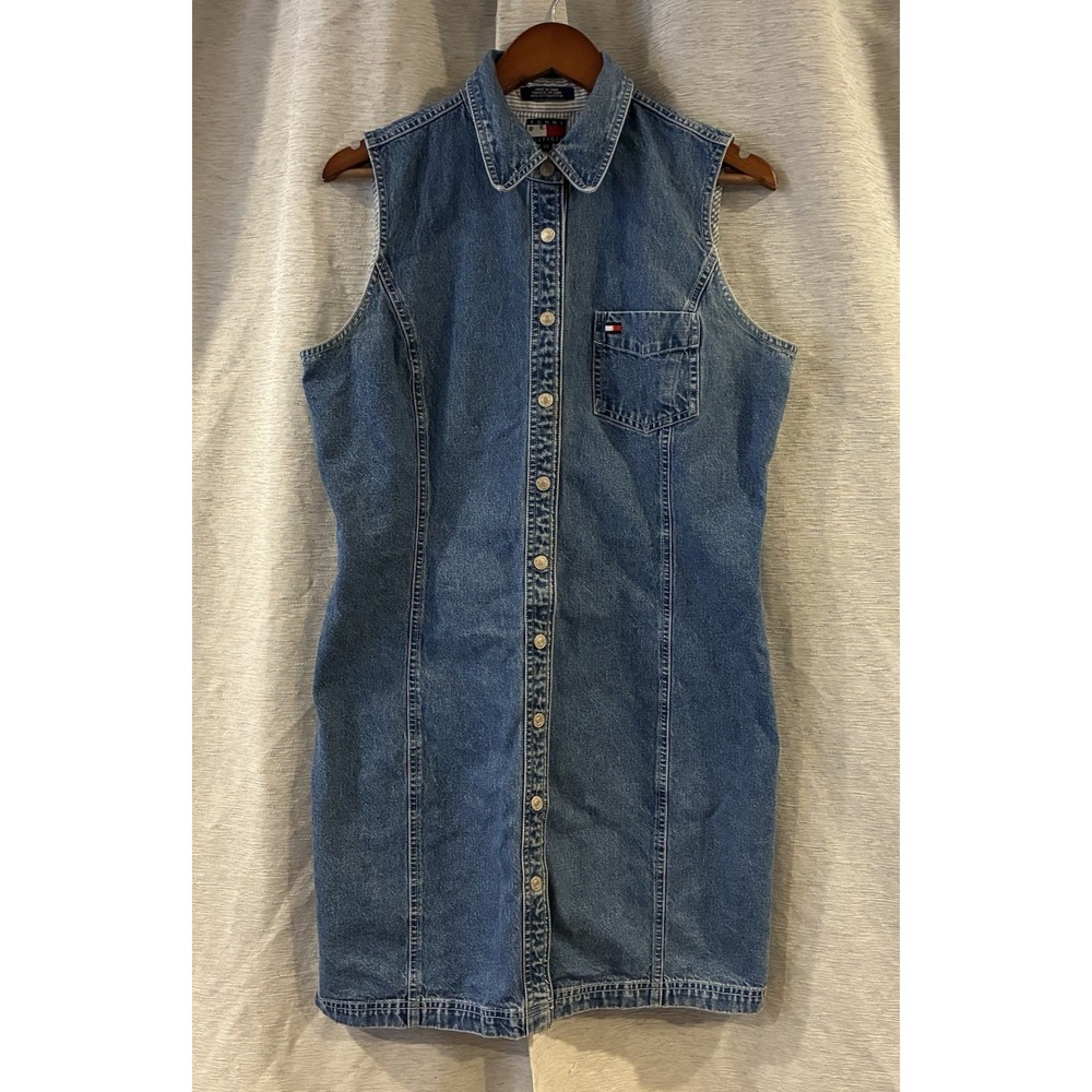 VTG Tommy Hilfiger Denim Shirt Dress Women 14 Blue Sleeveless Collared Snap 90s